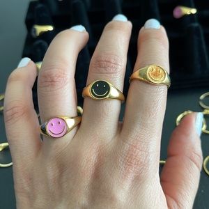 925 Sterling Silver, 14k Gold plated, Happy face rings.